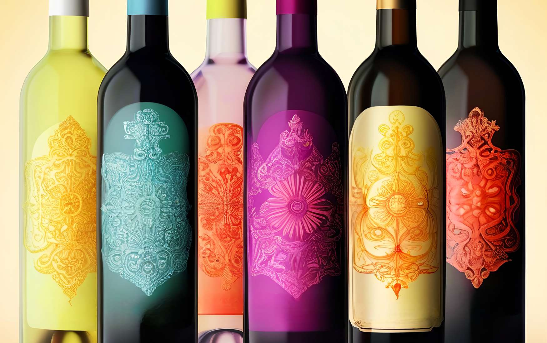 Impressão offset em rótulos vinícolas de alta qualidade – RCM Etiquetas várias garrafas de vinho com rótulos de cores distintas,